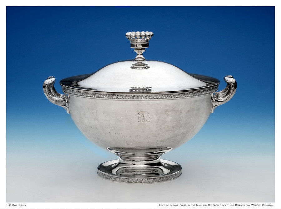 Two-piece Empire-style silver soup tureen with crown-shaped finial, handles, and footed base. Engraved with the initials "CJB" for Charles Joseph Bonaparte (1851-1921).