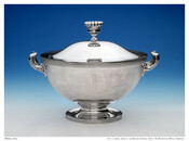 Two-piece Empire-style silver soup tureen with crown-shaped finial, handles, and footed base. Engraved with the initials "CJB" for Charles Joseph Bonaparte (1851-1921).