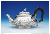 Low repoussé chinoiserie silver teapot with wooden handle and finial of a seated man. Elizabeth Patterson Bonaparte (1785-1879) purchased this teapot secondhand and gave it to Charles Joseph Bonaparte (1851-1921) in 1860.