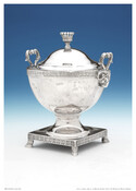 Covered sugar basin with square base decorated with a crown finial and ram's head handles and ram's hoof feet. Belonged to the Bonaparte family.