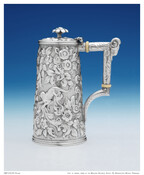 Silver hot water pitcher with repoussé floral-and-bird motif covering the entire surface. Given to Jérôme-Napoléon Bonaparte (1805-1870) by his mother, Elizabeth Patterson Bonaparte (1785-1879). Monogrammed with initials "JNB." Made in Baltimore, Maryland by Samuel Kirk & Son.