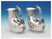 Pair of silver Askoi or Claret Pitchers, wine ewers, 1871, owned by Caroline Leroy Appleton Edgar (Mrs. Jerome Napoleon Bonaparte II) (1841-1911), made by Baltimore's Samuel Kirk & Son. On October 4, 1871, Samuel Kirk's firm recorded in their ledger an order from "Mrs. Bonaparte of 2 claret pitchers with rounded lips, no goats, no…