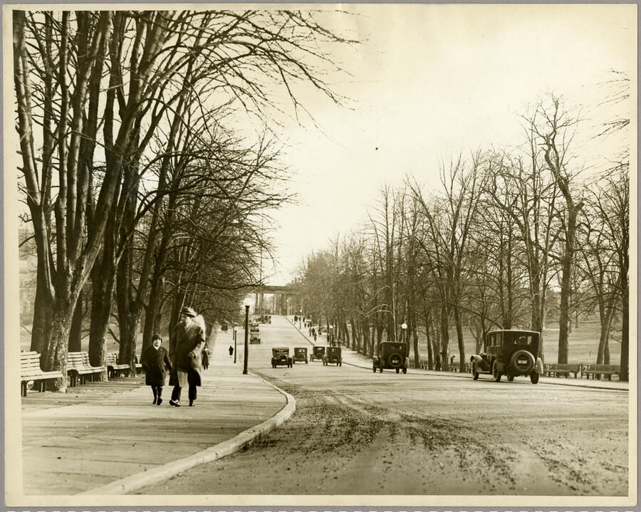 A street scene looking south at the Madison Avenue entrance of Druid Hill Park in Baltimore, Maryland. Shows entrance gates, benches, automobiles, and pedestrians.