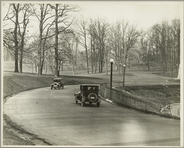 Automobiles along Druid Hill Park reservoir — circa 1925