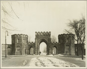 Snowy entrance to the Baltimore Cemetery located at 2500 East North Avenue, at Rose Street, in Baltimore, Maryland.