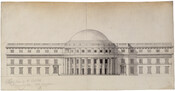 Architectural elevation proposal with a west view of the Capitol Building made for the Captiol design competition held by the United States government in 1792. This drawing features a central rotunda with columns flanked by two three-story rectangular wings on either side.