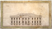 Proposed design for the President's House. James Hoban (1762-1831) drew this architectural drawing for the Capitol and President's House Design Competition held by the United States government in 1792. The drawing features a two-story building with a central portico with a pediment supported by four Ionic columns. An eagle is displayed in the frieze.