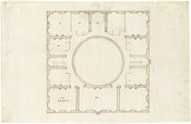 Floor plan for the second floor of the proposed President's House made for the U.S. White House and Capitol Drawing Competition held by the federal government in 1792. The drawing features a square building with rooms surrounding a central rotunda.