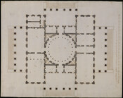 Floor plan for the proposed Capitol Building. The drawing features a square shaped building with a central rotunda and portico entryways on each side. Made for the Capitol Drawing Competition held by the United States government in 1792.