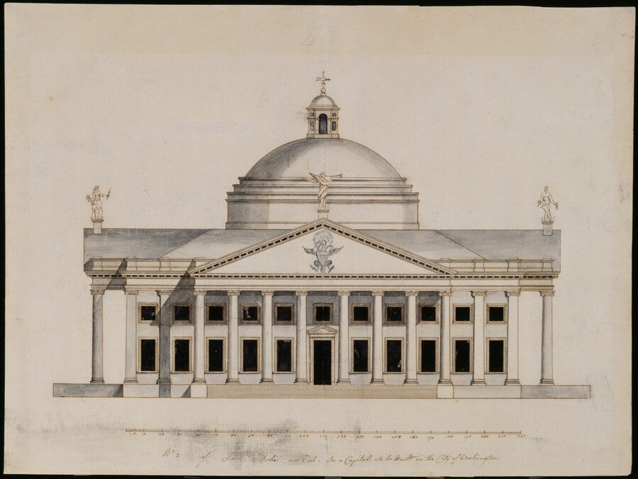Architectural elevation of the façade of the proposed Capitol Building. The building features a central rotunda and portico flanked by a two-story wing on each side. An eagle seal is placed in the frieze on the portico. Statues stand atop the corners of the building as well as the dome. Made for the Capitol Drawing…