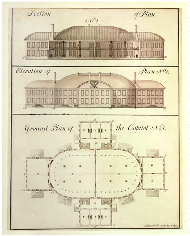 Section of Plan, No. 1, Elevation of Plan No. 1, Ground Plan of the Capitol, No. 1. — 1792