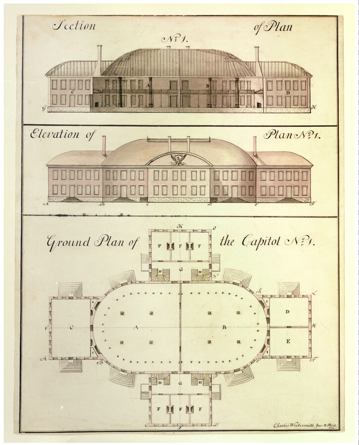 Section and floor plan for a proposed design of the Capitol building made for the United States Capitol Drawing Competition held in 1792. The design features an oval-shaped building with four rectangular wings. There are two elevation drawings from each long side of the building above a floor plan of the entire ground floor.