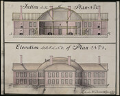 Two elevations of proposed Capitol building with a central rotunda flanked by wings on each side with four chimneys. The top section plan depicts an interior view of the two-story building with rooms denoted by letters A-K. The rotunda is supported by columns and a wooden frame. The bottom elevation shows an exterior view of…
