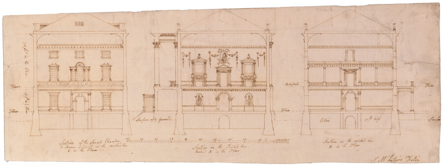 Three elevations for sections of Senate Chamber and other rooms in the proposed United States Capitol building. The leftmost elevation depicts the exterior of a three-story building, while the next two depict interior views with archways placed in the center of the walls on each floor. Made for the Capitol Drawing Competition held by the…