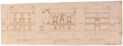 Three elevations for sections of Senate Chamber and other rooms in the proposed United States Capitol building. The leftmost elevation depicts the exterior of a three-story building, while the next two depict interior views with archways placed in the center of the walls on each floor. Made for the Capitol Drawing Competition held by the…