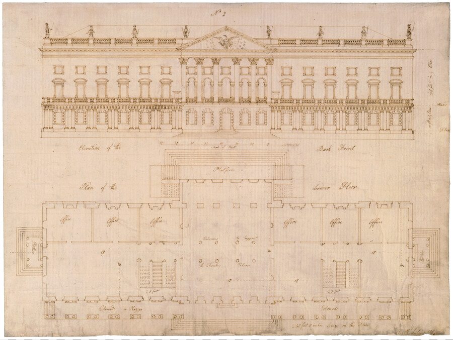 An architectural elevation of the back and floor plan of the lower floor of the proposed United State Capitol Building. Made for the Capitol and White House Drawing Competition held by the United States Government in 1792. Elevation features a three-story building with a central pediment supported by six Corinthian columns. Floor plan includes a…