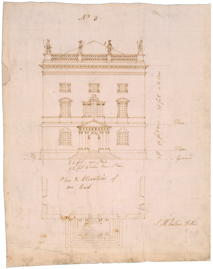 Architectural elevation of one end of the proposed Capitol Building. The building is three stories tall and has a central portico surrounding the entrance in the center of the ground floor with steps leading up to it. A floor plan for the portico is seen at the bottom. Made for the Capitol and White House…