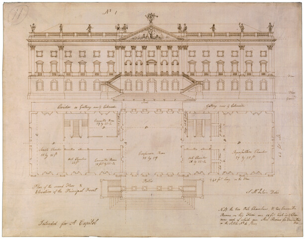 Plan of the Second Floor and Elevation of the Principal Front No. 1. U.S. Capitol Drawing Competition — 1792