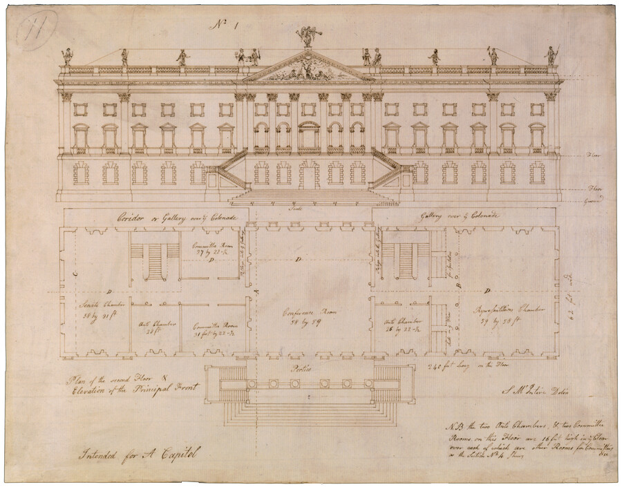 Architectural plan for the proposed design of the U.S. Capitol Building made for the U.S. Capitol Drawing Competition held in 1792. The drawing features the front façade of a building with a central protruding entrance topped by a pediment and flanked by wings on both sides. The bottom half of the drawing shows the corresponding…