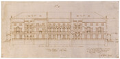 Architectural elevation of the façade of the proposed Capitol Building. The building is three stories with both flat and arched windows. The roof is supported by four large columns. Inscriptions and signature appear at bottom right and. Made for the Capitol and White House Drawing Competition held by the United States government in 1792.