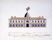 An elevation of a proposed design for a Capitol building made for the U.S. Capitol Drawing Competition held by the government in 1792. The drawing features a two story building with a central rotunda topped by the form of a large bird with outstretched wings. The building has a mansard roof surrounded by a balustrade…