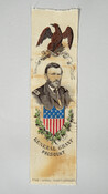 An 1868 silk Political campaign ribbon for President Ulysses S. Grant featuring a picture of General Grant in uniform, a thirteen star flag, and an eagle. Beneath the illustration is "General Grant for President." He served as President of the United States from 1869-1877.