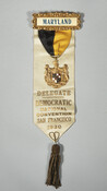A 1920 Maryland delegate badge for the Democratic National Convention. The event was held in San Francisco from June 28-July 6. Governor James G. Cox of Ohio was nominated for the party's Presidential candidate. Assistant Secretary of the Navy Franklin D. Roosevelt was nominated as the Vice Presidential Candidate. The convention adopted the League of…