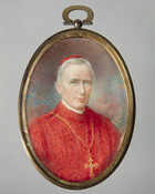 Three-quarter view half-length miniature portrait shows Cardinal James Gibbons (1834-1921) with short gray hair and wearing red vestment, white collar, red cap, and gold and jewel cross pendant. Cardinal Gibbons was famously opposed to women's suffrage, but after the passage of the 19th Amendment, urged women to uphold their civic duty and vote.
