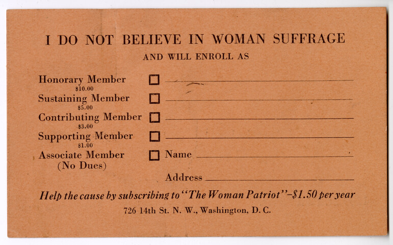 National Association Opposed to Woman Suffrage enrollment form — circa 1918