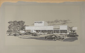 Charcoal, gouache, and graphite on grey mat board of "Hutzler's Eastpoint", ca. 1956-1960, by V. Fanio. The Eastpoint Shopping Center, located in Dundalk, Maryland, opened in 1956. The shopping center comprised a Hutzler's store and a Hochschild Kohn's location. In the 1970s, the stores were enclosed, and the site expanded into a full shopping mall.…