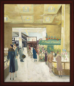 Interior scene shows Hutzler's Department store in Baltimore, Maryland with women in foreground looking at counters, yellow walls, large potted plants sign, and white floor.