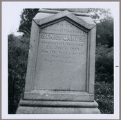 Detailed view of the inscription on the memorial of Henry Jakes (died June 22, 1881) and son, Frederick Jakes (died August 19, 1865). The stone reads, "To My Beloved Husband, Henry Jakes, departed this life 22. June 1881, in the 62 year of his age. May he rest in peace." An inscription for Frederick Jakes…