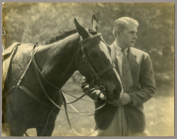 Photograph of a man and horse at Nancy’s Fancy — undated