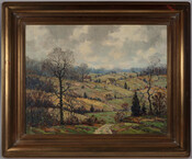 Oil on canvas landscape painting of "A Maryland Farm, Gray Day", December 1930, by Benson Bond Moore (1882-1974). Moore, born in Washington, D.C., was a talented artist who typically created etchings and engravings for books and other publications. He lived in the capital for his entire life. This scene was likely captured near Mt. Rainier,…