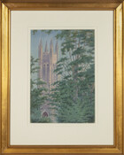 Framed pastel on paper featuring part of the National Cathedral in Washington, D.C. painted by Clara Isabel Cox Schofield (1868-1958). Schofield was born in Baltimore, Maryland, and became the wife of Admiral Frank Herman Schofield. She studied painting in Paris in the 1890s and exhibited at the Paris Salon in 1896.
