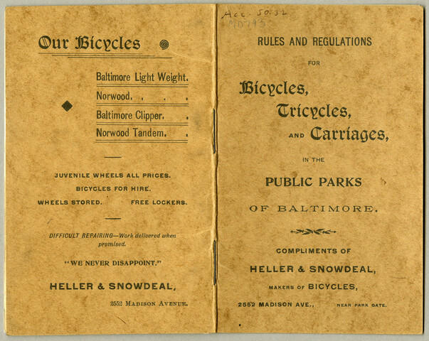 <em>Rules and regulations for bicycles, tricycles, and carriages in the public parks of Baltimore</em> — 1896
