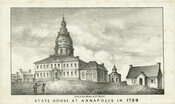 Lithograph depicting the State House in Annapolis, Maryland. The State House was designed by Joseph Horatio Anderson, with construction completed in 1779.