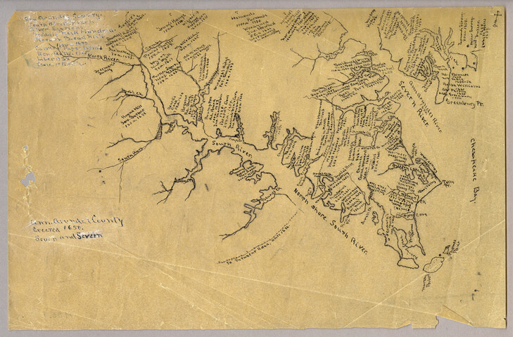 Map of South River, Severn River, Middle Neck Hundred, and Broadneck Peninsula — circa 1650-1720