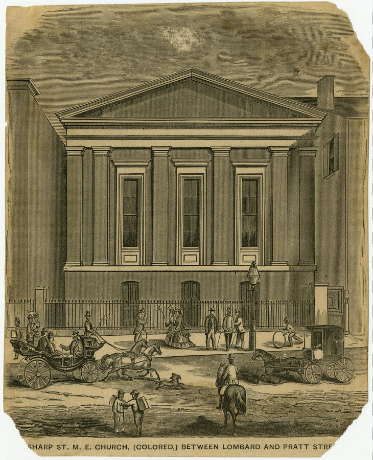Engraving from a news clipping of Sharp Street Methodist Episcopal Church, once located at 112-116 Sharp Street in Baltimore, Maryland. The church was occupied by the "Colored Methodist Society" until 1898 when the Society erected a new and larger building to accommodate their growing membership. The newer structure, named Sharp Street Memorial United Methodist Church,…