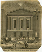 Engraving from a news clipping of Sharp Street Methodist Episcopal Church, once located at 112-116 Sharp Street in Baltimore, Maryland. The church was occupied by the "Colored Methodist Society" until 1898 when the Society erected a new and larger building to accommodate their growing membership. The newer structure, named Sharp Street Memorial United Methodist Church,…
