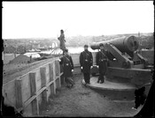 Troops and cannon at Federal Hill in Baltimore, Maryland, during the American Civil War, when the 6th Massachusetts Militia occupied the area under the command of General Benjamin F. Butler. View looking northwest, with the city skyline in the background.