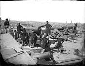 View of Union soldiers with cannons at Federal Hill in Baltimore, Maryland, during the American Civil War. In 1861, the 6th Massachusetts Militia and members of Cook's Light Artillery of Boston occupied Federal Hill under the command of General Benjamin F. Butler. The troops set up a number of cannons directly pointed at Baltimore's central…