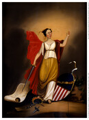 This painting representing the theme of independence was featured as a panel on a Baltimore fire engine. The image features a woman in classical dress with a red cape holding sword in her right hand and her left arm in the air. The sword points to large piece of paper rolled at the bottom inscribed…