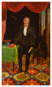 Full-length standing portrait of Colonel William H. Watson of the Columbian Fire Company. He is pictured wearing a black suit with tan stock and a white shirt. He holds a rolled document in his proper right hand, while his left hand rests on book on table covered with a green tablecloth. A blue hat with…