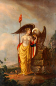Painted fire engine panel featuring an allegorical figure of Victory as a half-nude woman with gold fabric draped across her bottom half. She holds a staff in her right hand and a cup in her right hand as an eagle drinks from it. A red, white and blue shield leans on the rock partially behind…