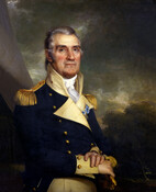 Half-length standing portrait shows General Samuel Smith (1752-1839) as a man with short gray hair, seen in three-quarter view, facing right with eyes forward. He wears a War of 1812 military uniform consisting of a dark blue double-breasted jacket with gold buttons and epaulettes over a white shirt and stock. His proper right hand rests…
