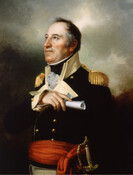 Half-length portrait of Brigadier General John Stricker (1758-1825). He is seen in three-quarter view, facing the left of the picture plane. He wears a War of 1812 military uniform consisting of a dark blue coat with gold epaulettes and buttons, a yellow collar and cuffs, white shirt, dark stock, and wide red sash at waist.…