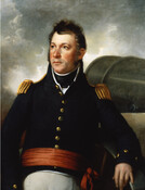 Three-quarter length portrait of Lieutenant Colonel George Armistead (1780-1818), who was the Commander of Fort McHenry in 1814. He leans against a cannon with his left elbow propping him up. He has gray curly hair and looks off to the side. He wears a War of 1812 military uniform consisting of dark blue coat with…