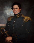 Half-length portrait shows Captain John F. Hoss (b. 1793), a man with short wavy black hair, holding a sword in both hands before him. He wears a War of 1812 uniform comprised of a navy suit with gold trim, epaulettes, and buttons. The landscape behind him shows an army encampment with tents. Hoss served as…