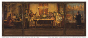 This six-panel painting depicts Rembrandt Peale (1778-1860) demonstrating the gas ring light to a group of seven people, as seen in the largest panel in the center. In the left panel a man is seated and conducting experiments with light, while in the right panel a man experiments with gas instruments. The bottom three panels…